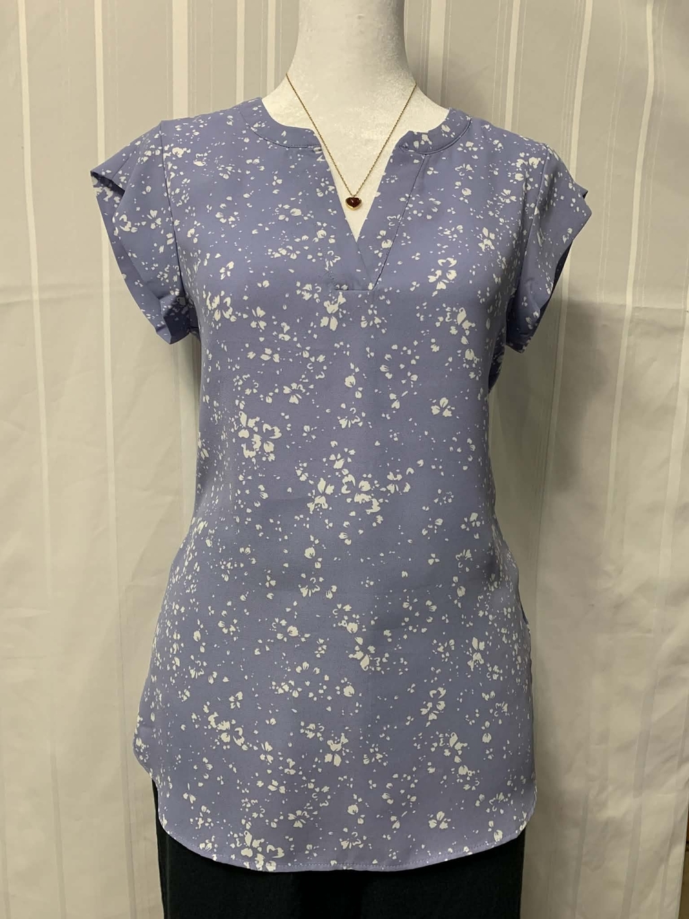 Essentials Lavender Floral Split V-Neck Cap Sleeve Blouse